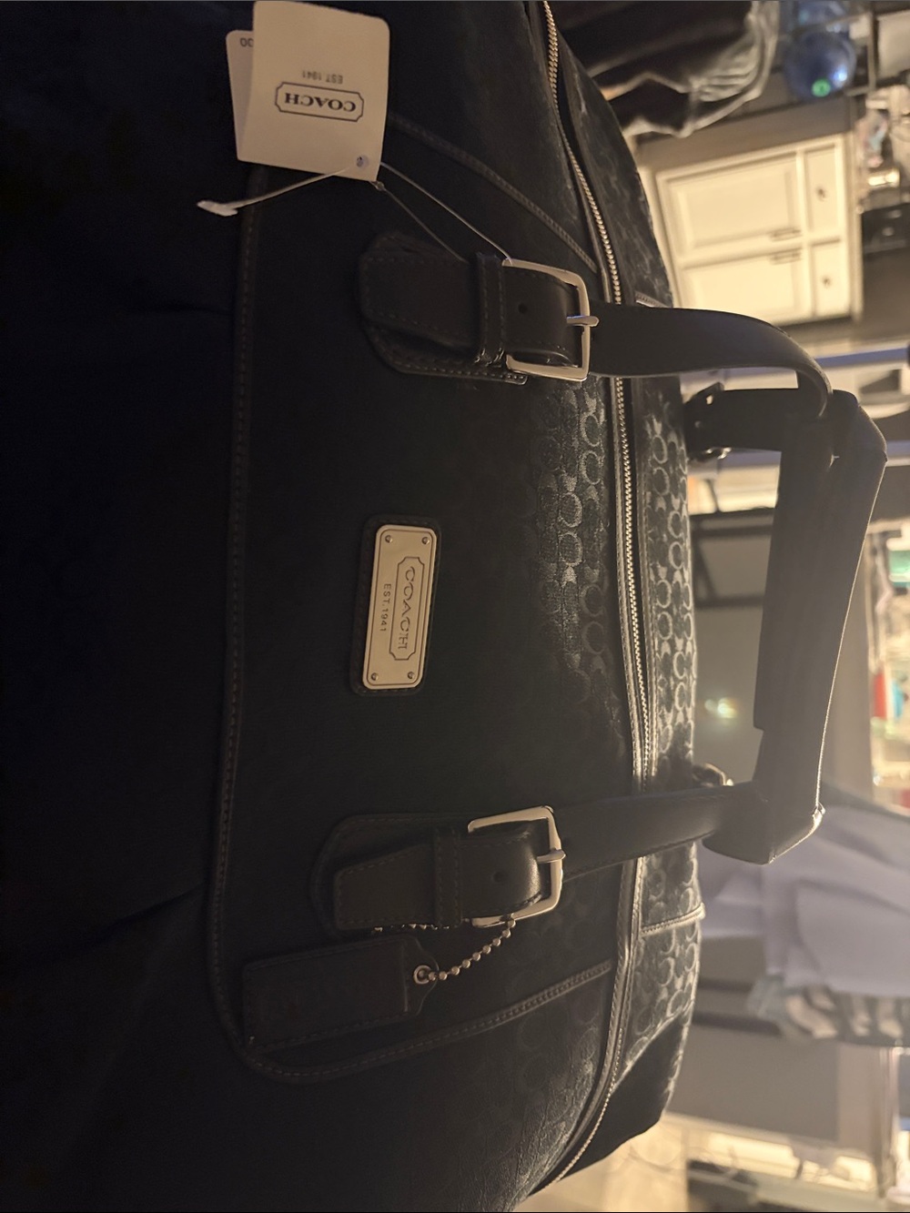 Coach Black Signature Satchel with Leather Trim and Metal Badge